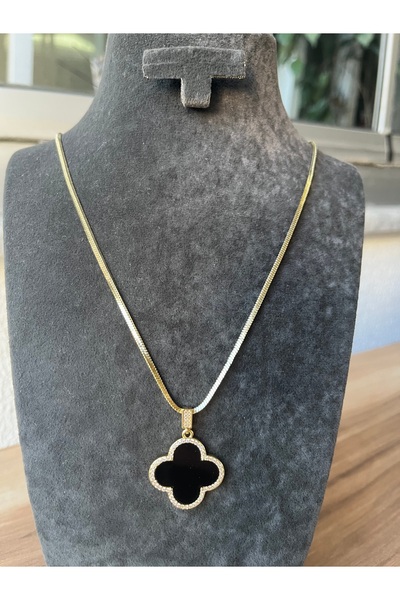 TUĞÇE TURAP 14K Gold Renk Çelik Yonca Tasarım Taş Detaylı 60 cm Zincir Kolye