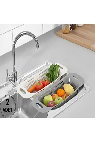 Rotanev مصفاة حوض عملية قابلة للتعديل، مصفاة لغسل الفواكه والخضروات والسلطة باللون الأبيض والرمادي، قطعتان