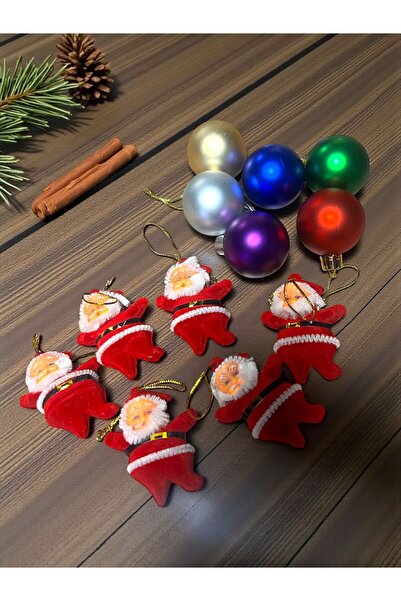 Happyland Christmas Pine Tree Decoration Set with Santa Claus (6 Red Santa Clauses, 6 Colored Balls of 4 cm)