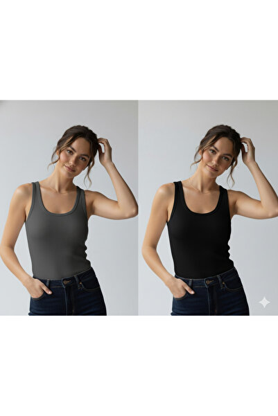 RİEMA Women's Corded Fabric Look Thick Strap Slim Fit Body-Fitting Fitted Bas...