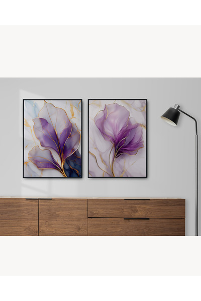 Rosaart Tablo | Ahşap Çerçeveli Tablo 2'li Set | Soyut, Modern, Mor Çiçek Des...