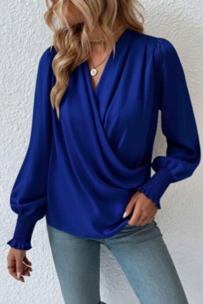 Mossta Double-Breasted Sandy Blouse with Collar and Elasticated Sleeves - Blue