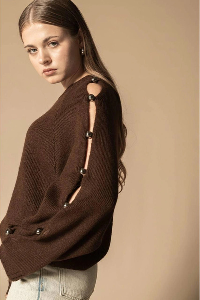 esilamoda Kadın Kahverengi Kol Düğme Detay Kazak