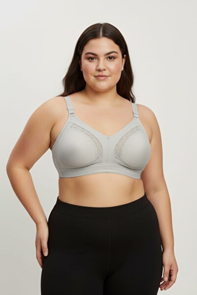 enmodaiçgiyim Gray Plus Size Cotton Shaping / Sculpting Bra - Wire Free No Underwire Unpadded Lace Combed Cotton Minimizer