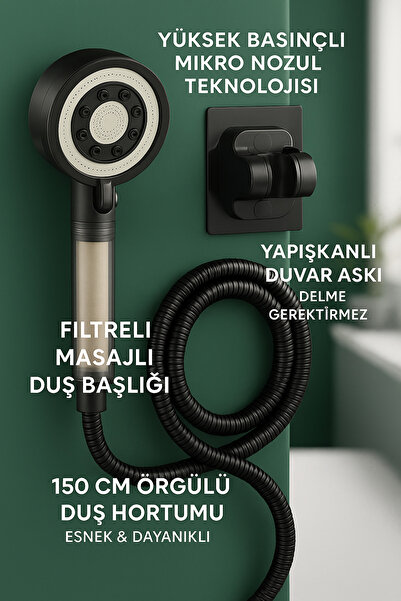 SUVİA Filtreli Masajlı Duş Başlığı Seti | 150 cm Örgülü Duş Hortumu + Yapışka...
