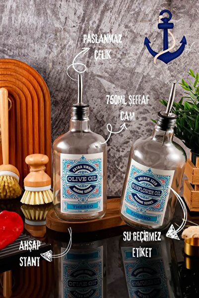 TheBRo 750ML Ahşap Stantlı Marine Serisi Şeffaf Cam Zeytinyağı Şişesi ve Ayçi...