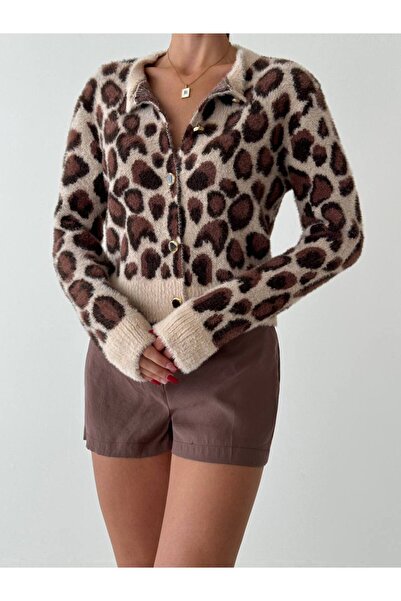 franky B Women's Leopard Print Button Detailed Knitwear Cardigan