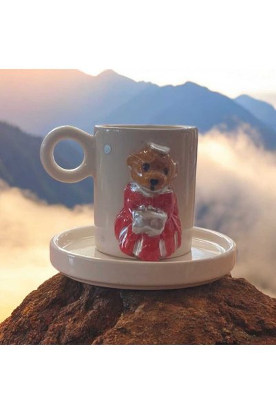 Dİ TAZZA Handmade 2 Person 4 Piece Silver Gilt Bear Teddy Coffee Cup Set 110 Ml.