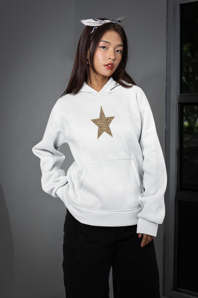 MG قميص نسائي طويل الأكمام من القطن مطبوع عليه نجمة الفهد مبطن بالصوف 3 خيوط ...