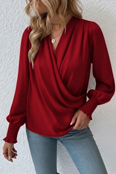 Mossta Double-Breasted Sandy Blouse with Collar and Elasticated Sleeves - Red
