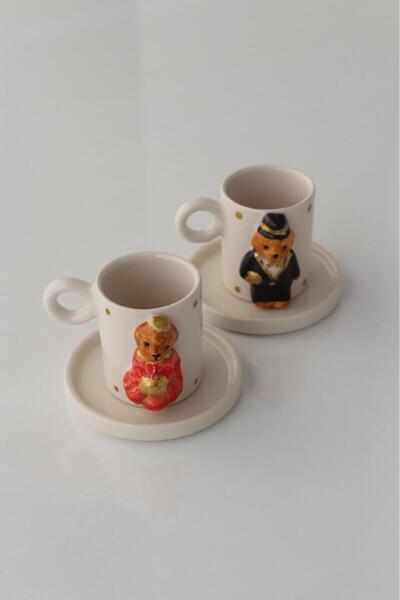 Dİ TAZZA Handmade 2 Person 4 Piece Gold Gilded Bear Teddy Coffee Cup Set 110 Ml.