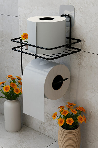 DEFNE AVM Yapışkanlı tuvalet kagıtlıgı tutacagı askısı mat siyah metal tuvale...