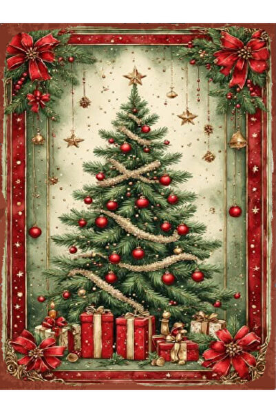 BiveSa Yılbaşı Ağacı Temalı Ahşap Retro Poster