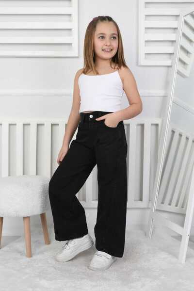 CANAN ÇAKMAK Premium Kalite Siyah Geniş Paça Model Jean Denim Kız Çocuk Pantolon