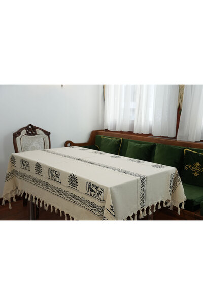 Komana Art El Baskı Hitit Desenli %100 Pamuk Masa Örtüsü – Tokat Taş Baskı Mo...