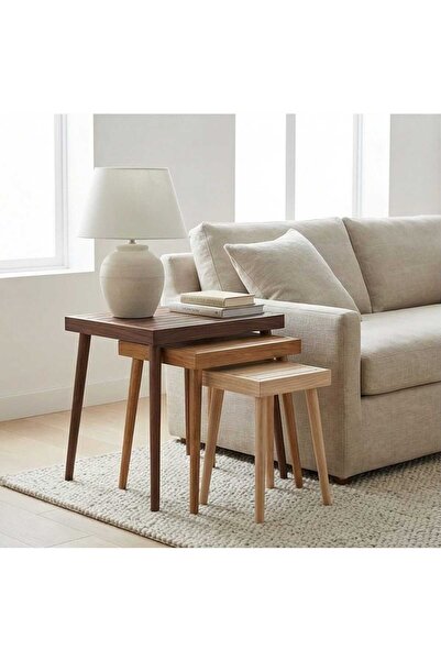 ahşen decor Doğal Ağaç Masif Kütük Lata 3’lü 3 Renk Zigon Sehpa