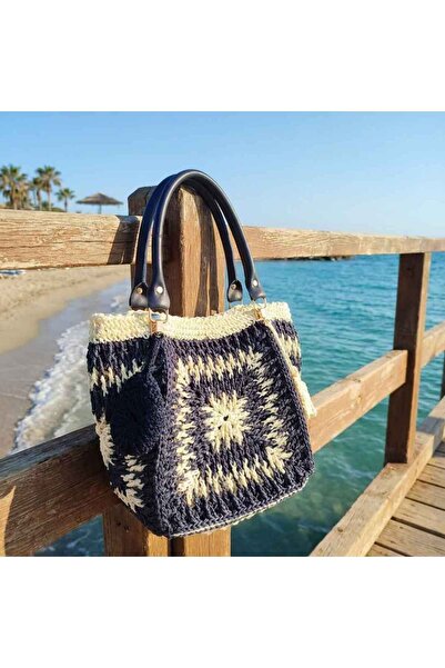 YASMİNEL Paper String Bag Mosaic Motif Lined and Snap Fastener Shoulder Bag