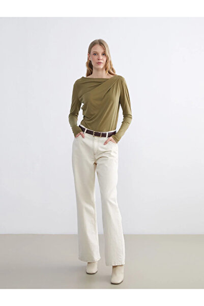 LC Waikiki Lcwaikiki basic khaki flowy neck ruched blouse