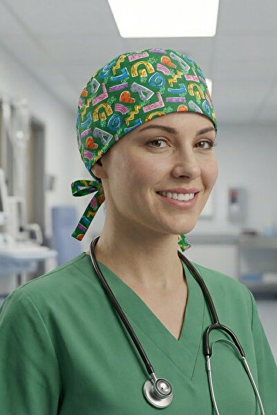 Lion Üniforma Renkli Harfler Desenli Cerrahi Bone Unisex – Likralı Doktor Hem...