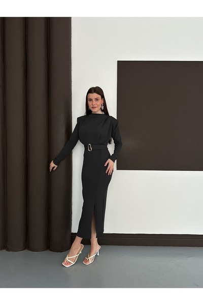 verabelle Shoulder Shoulder Pad Pleated Dress with Slit Detail and Belt