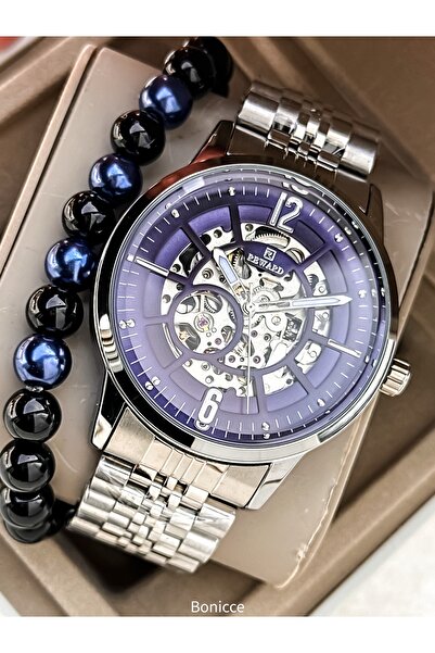 Reward سوار ساعة يد رجالي أوتوماتيكي (بدون بطارية) من الفولاذ باللون الأزرق ا...