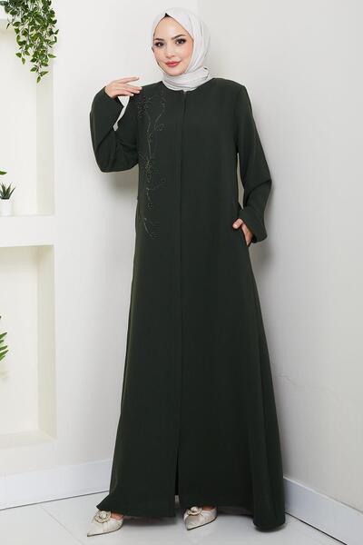 hafsamina Floral Detail Stone Embellished Ferace Khaki Hm2847