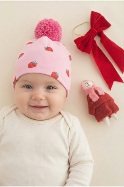 chipiques Strawberry Patterned Pink Pompom Double Layered Lycra Thin Plain Co...