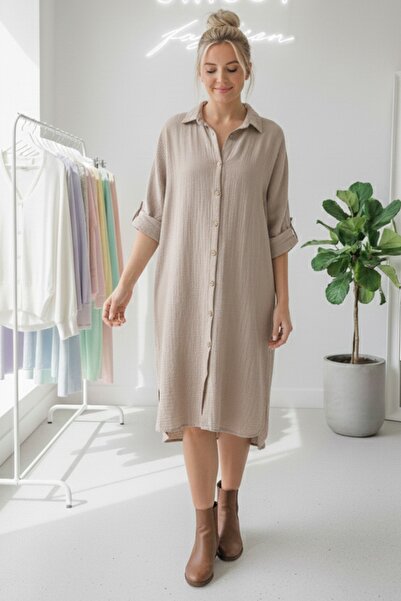 Chiccy Beige Shirt Collar Buttoned Long Sleeve Buttoned Casual Muslin Woven Shirt Dress 105 75