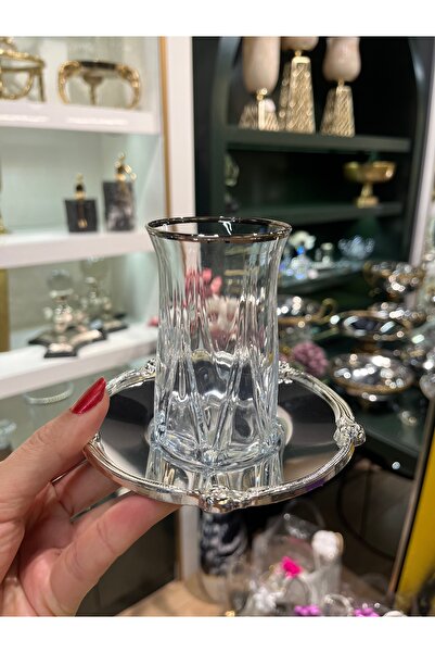 P&ORA PREMIUM KITCHEN PRODUCTS طقم شاي فضي مزخرف بطبقات معدنية مع كوب زيو لـ 6 أشخاص