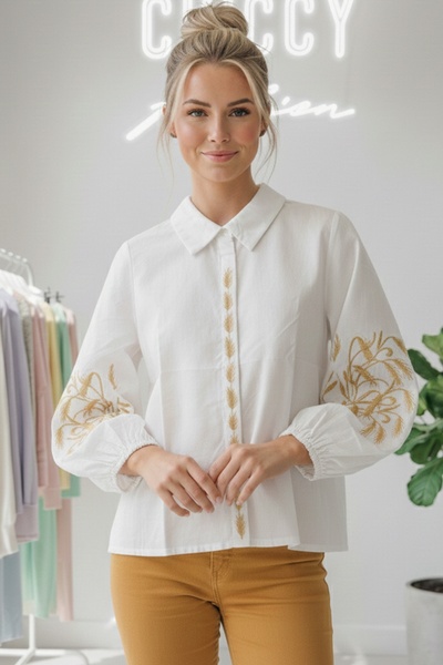 Chiccy White Shirt Balloon Sleeve Buttoned Collar and Sleeves Embroidered Casual Woven Blouse 65 55