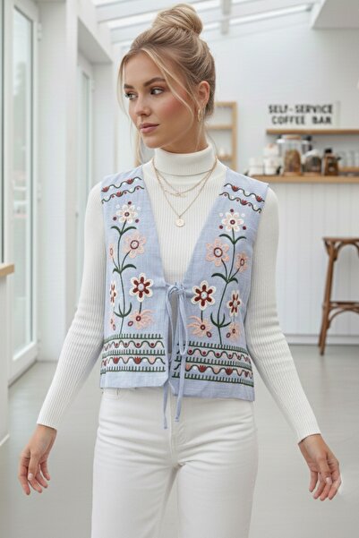 Chiccy Blue V-Neck Sleeveless Floral Tie-Up Allover Embroidered Casual Linen Woven Vest 50 55