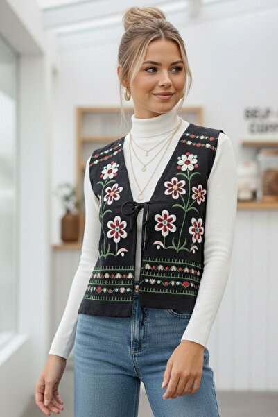 Chiccy Black V-Neck Sleeveless Floral Tie-Up Allover Embroidered Casual Linen Woven Vest 50 55