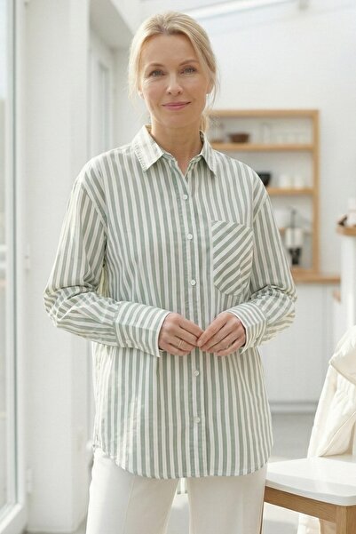 Chiccy Pastel Green Shirt Collar Cuffed Sleeves Striped Buttoned Pocket Casual Woven Shirt 65 55