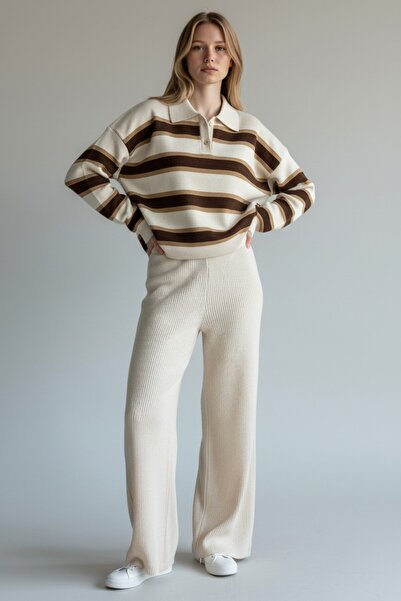 Molly Nelly Γυναικείο Ριγέ Πλεκτό Σετ Πόλο με Γιακά και Παντελόνι