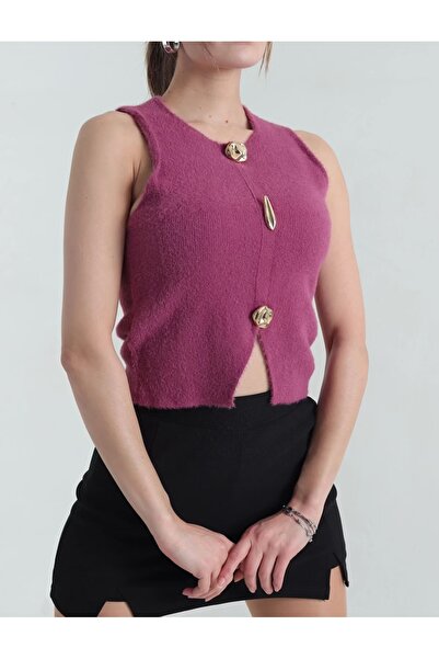 diğerr1 Mor Sakallı Gold Düğmeli Kadın Süveter