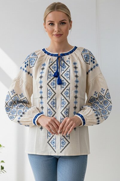 Chiccy Ecru Round Neck Balloon Sleeve Ethnic Patterned Tie-Up All-Over Embroidered Casual Woven Blouse 65 55
