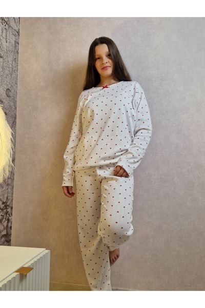Divin store White fleece cotton knitted pajama set with red hearts