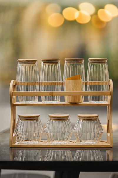 AENLINE HOME 7-Piece Glass Spice Jar Set with Wooden Stand – Bamboo Lid, Stylish and Organizing Kitchen Set