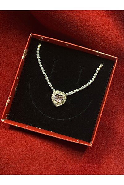 lotusbybuket VIP Çelik pembe kalp zirkon taşlı gold kolye