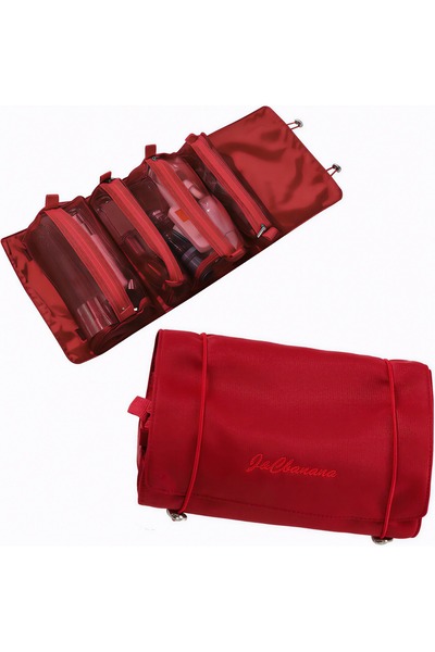 Generic Foldable makeup bag with 4 zippered pockets — perfect organizer for cosmetics (red)