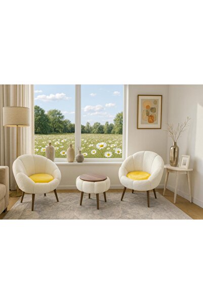 KOKİ DESİGN LİDA Beyaz-Sarı Papatya Wellsoft İkili Berjer Seti ÖZEL SEHPALI