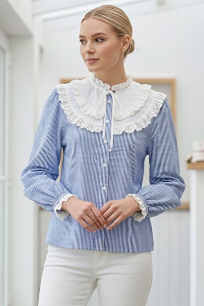 Chiccy Blue Ruffled Collar Ruffled Sleeve Striped Buttoned Scalloped Casual Woven Shirt 70 55