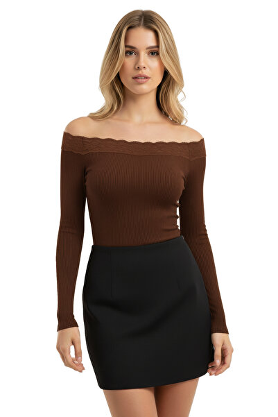 Nerth Pachet de dantelă bluze cu mânecă lungă și gât tip barcă slim fit