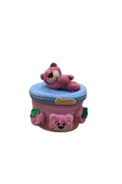 Generic Cute Cat Woven Cotton Storage Basket with Lid - Pink & Blue