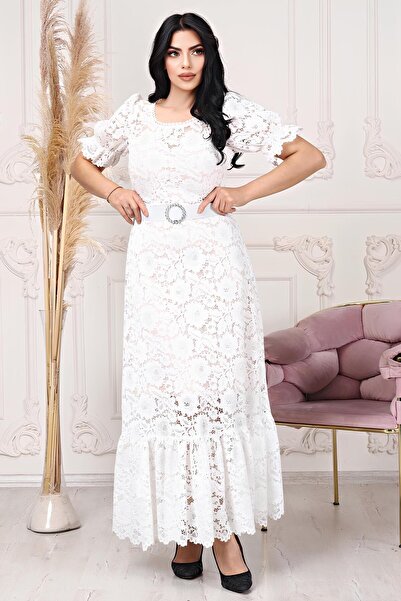 Helen Fashion Güpür Dantel Tasarım Hafif Dekolteli Kemerli Geniş Etekli Uzun ...