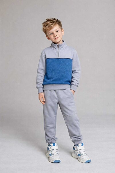 RONYPONY Boys' Half-Zip Tracksuit Set with Denim Detail on Bottom and Top