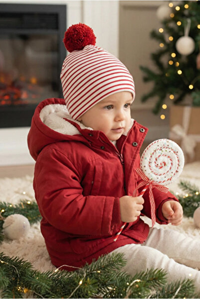 chipiques Beretă unisex cu dungi roșii și albe cu pompon, strat dublu din lycra bumbac moale