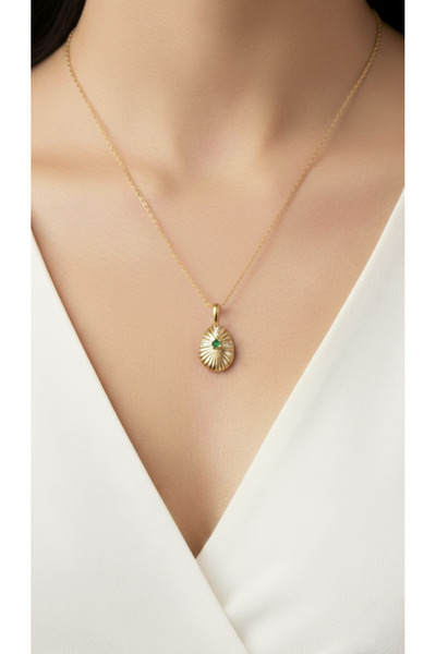 Lune Design Zümrüt Yeşili Oval Kesim Taşlı, Altın Kaplama Pirinç Uçlu Antik Ç...