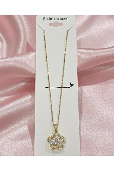 EFSU BİJUTERİ 316L Paslanmaz Çelik Zirkon Taşlı Dönen Yonca Çark Kolye(Stres ...