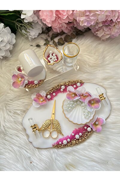 RESİNARTSHOP Epoksi Tepsi Pembe Orkideli Damat +Nişan Tepsi Seti